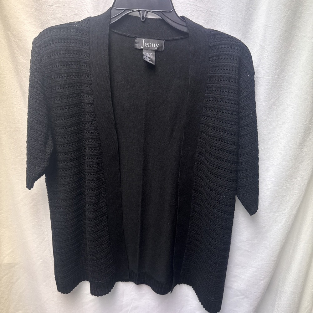 Jenny Cardigan Women Size Large Open Knit Short sleeve Black